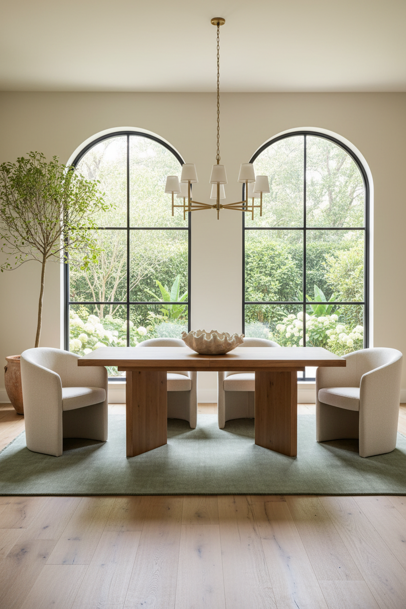 Sage Repose green wool rug grounding a calm slow-living room — SlowObjet, made in India