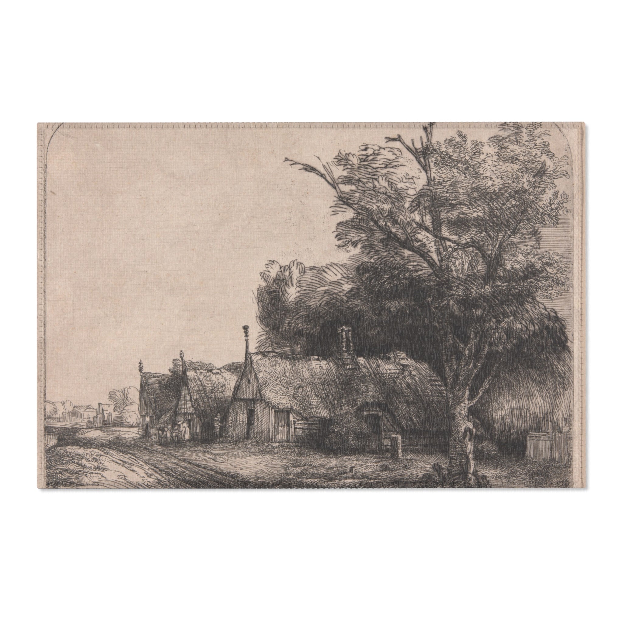 Rembrandt van Rijn - Landscape with Three Gabled Cottages Beside a Road | Area Rug