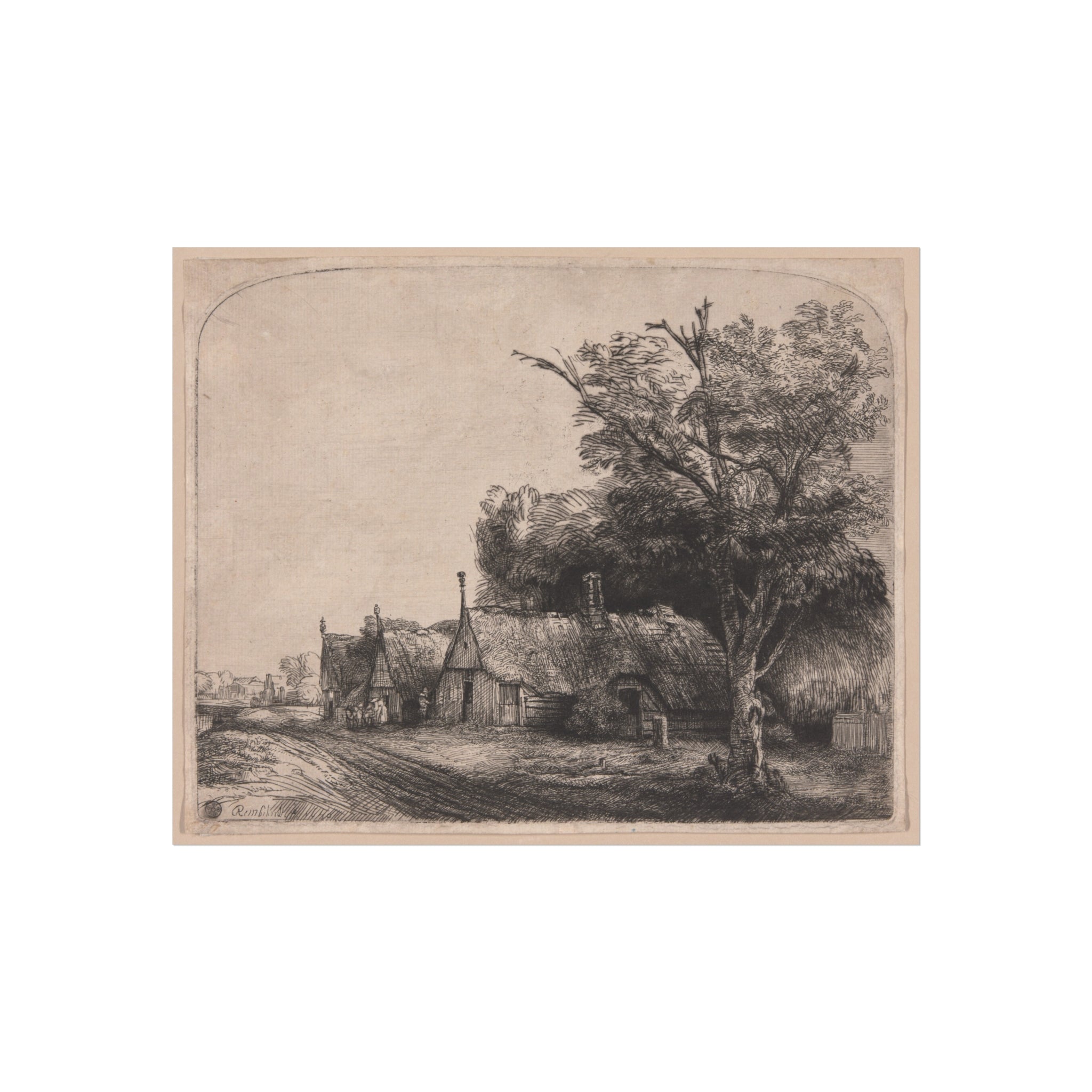 Rembrandt van Rijn - Landscape with Three Gabled Cottages Beside a Road | Fine Art Poster