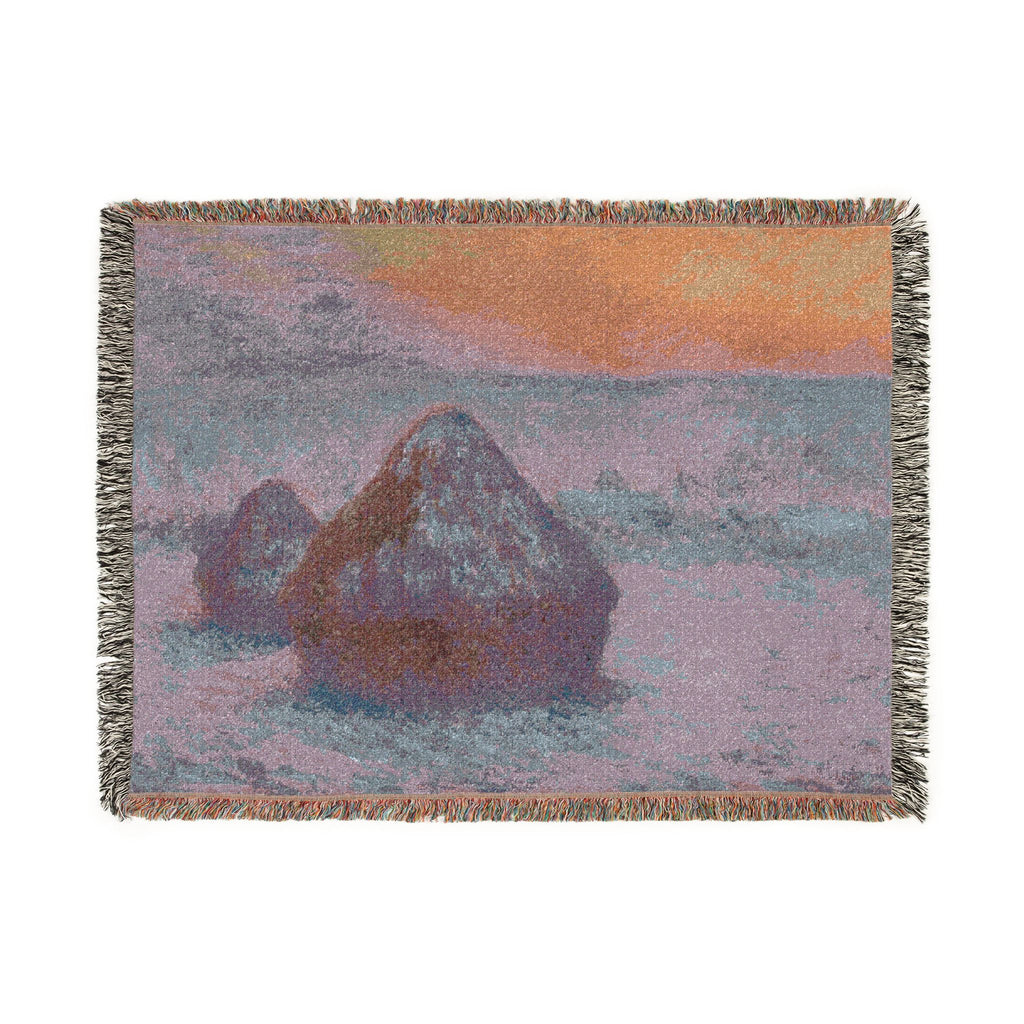 Claude Monet - Stacks of Wheat (Sunset, Snow Effect) | Woven Tapestry Blanket