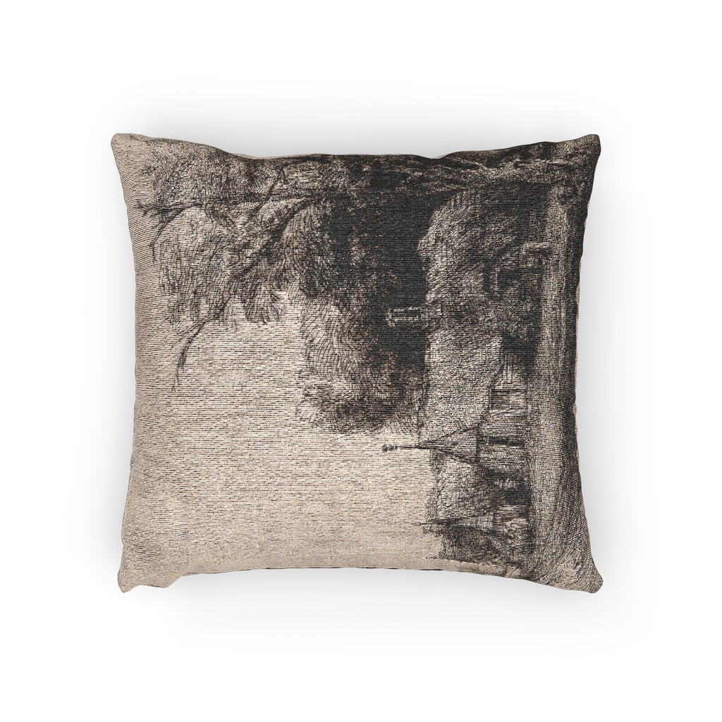 Rembrandt van Rijn - Landscape with Three Gabled Cottages Beside a Road | Woven Pillow