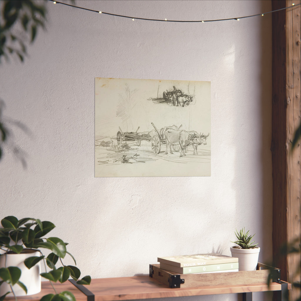 Charles François Daubigny - Two Sketches of Oxen Hauling a Log | Fine Art Poster