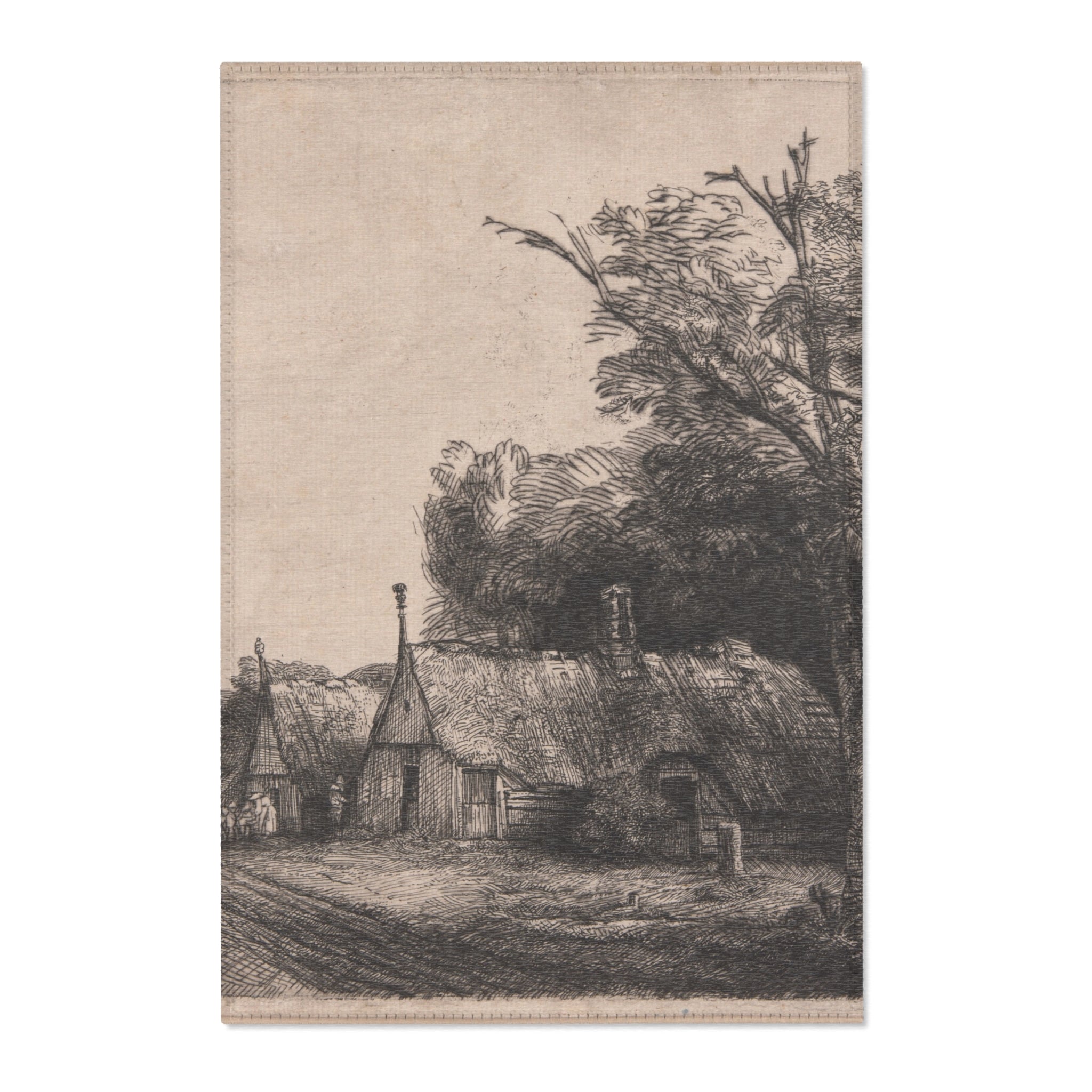 Rembrandt van Rijn - Landscape with Three Gabled Cottages Beside a Road | Area Rug
