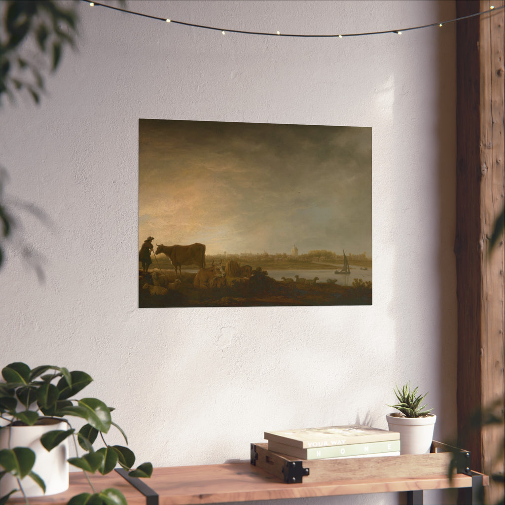 Aelbert Cuyp - A View of Vianen with a Herdsman and Cattle by a River | Fine Art Poster