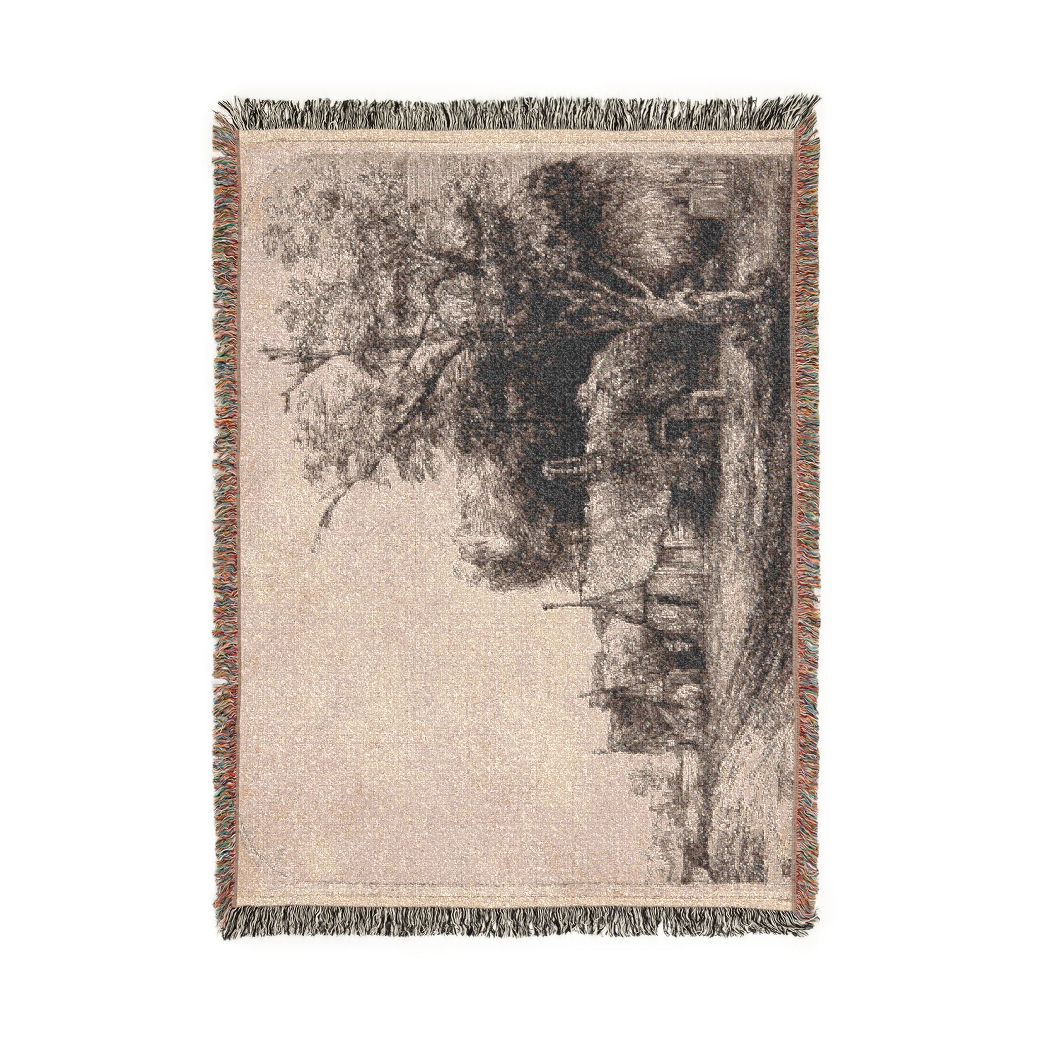 Rembrandt van Rijn - Landscape with Three Gabled Cottages Beside a Road | Woven Tapestry Blanket