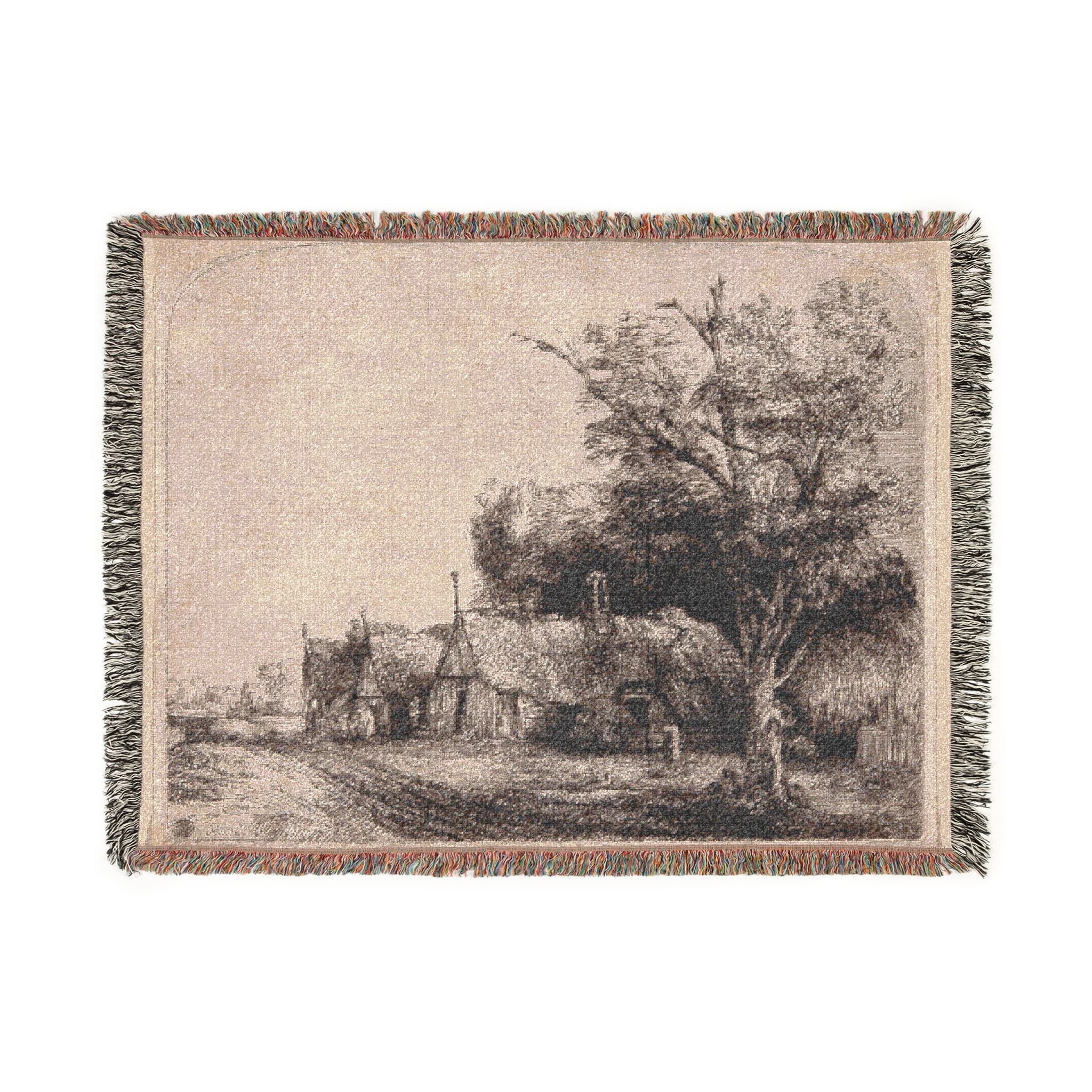 Rembrandt van Rijn - Landscape with Three Gabled Cottages Beside a Road | Woven Tapestry Blanket