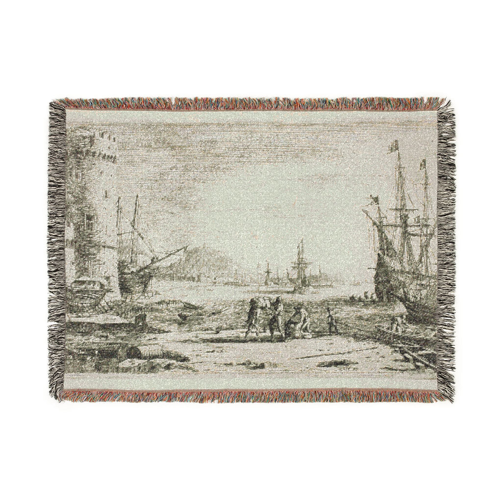 Claude Lorrain - Harbor with a Large Tower | Woven Tapestry Blanket