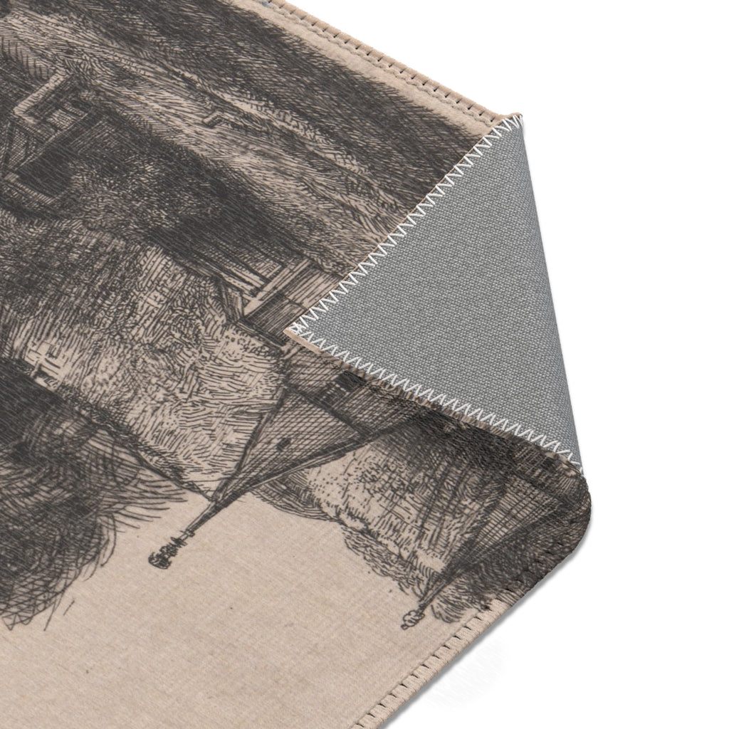 Rembrandt van Rijn - Landscape with Three Gabled Cottages Beside a Road | Area Rug