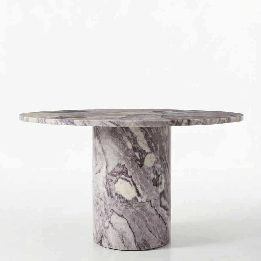 Viola Marble Round Dining Table — full view of round Calacatta Viola marble top on cylindrical pedestal base
