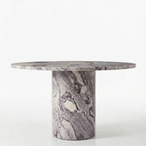Viola Marble Round Dining Table — full view of round Calacatta Viola marble top on cylindrical pedestal base