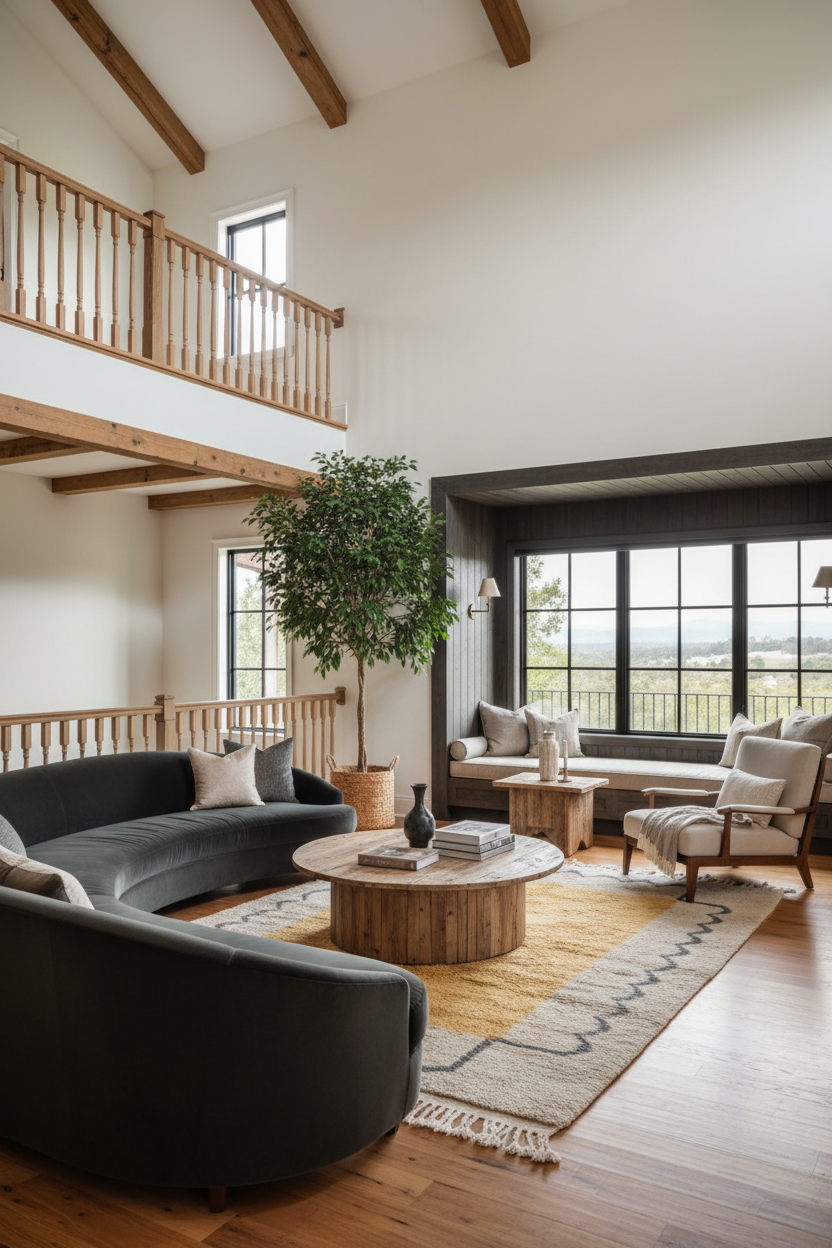 A modern, high-ceilinged living room with a dark curved sofa, round wooden coffee table, beige armchair, and a large potted tree near a window with a view of open land.