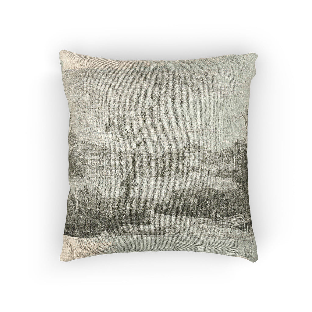 Canaletto - View of a Town on a River Bank, from Vedute | Woven Pillow