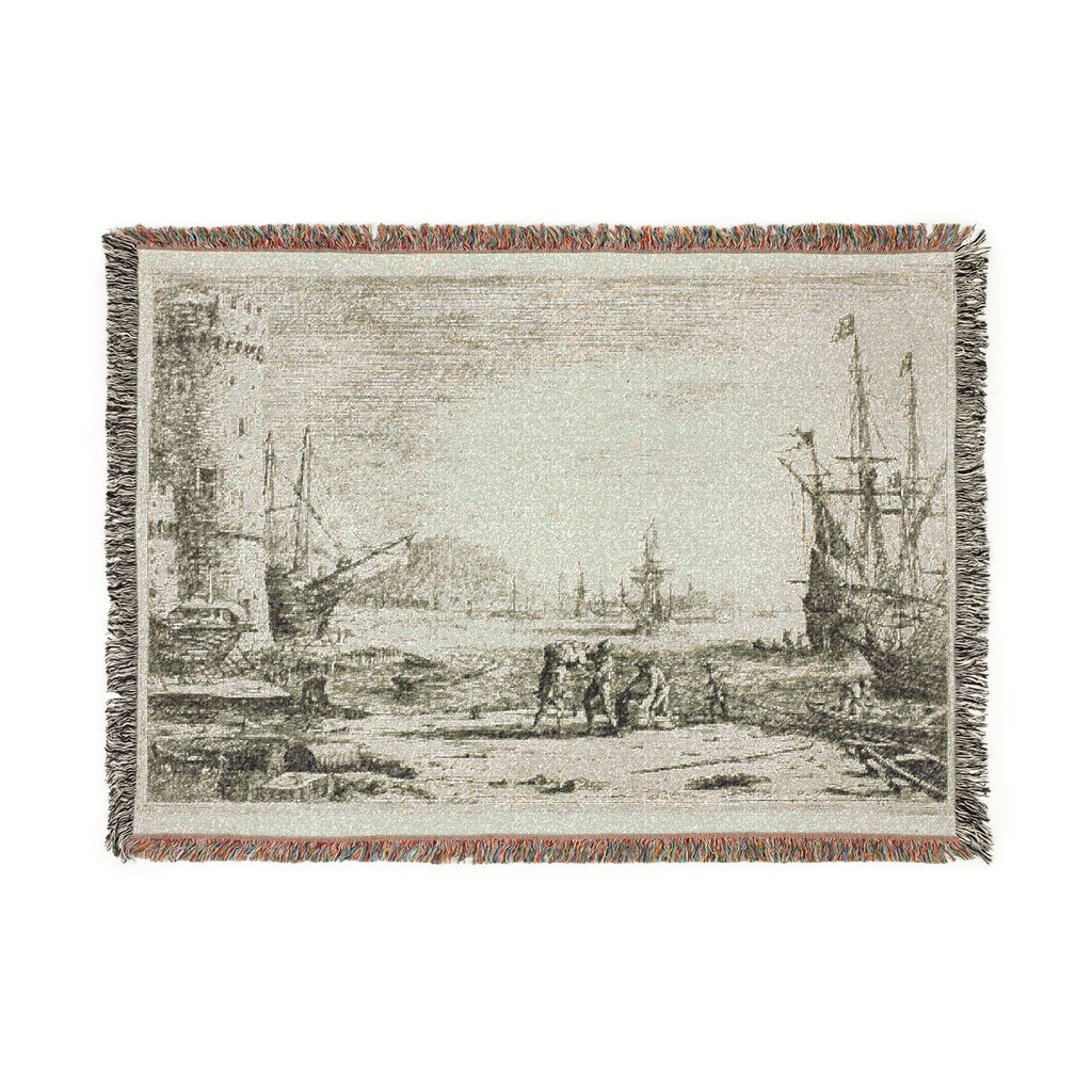 Claude Lorrain - Harbor with a Large Tower | Woven Tapestry Blanket