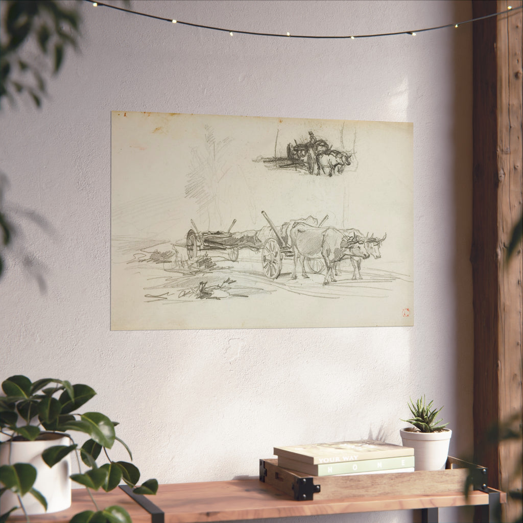 Charles François Daubigny - Two Sketches of Oxen Hauling a Log | Fine Art Poster
