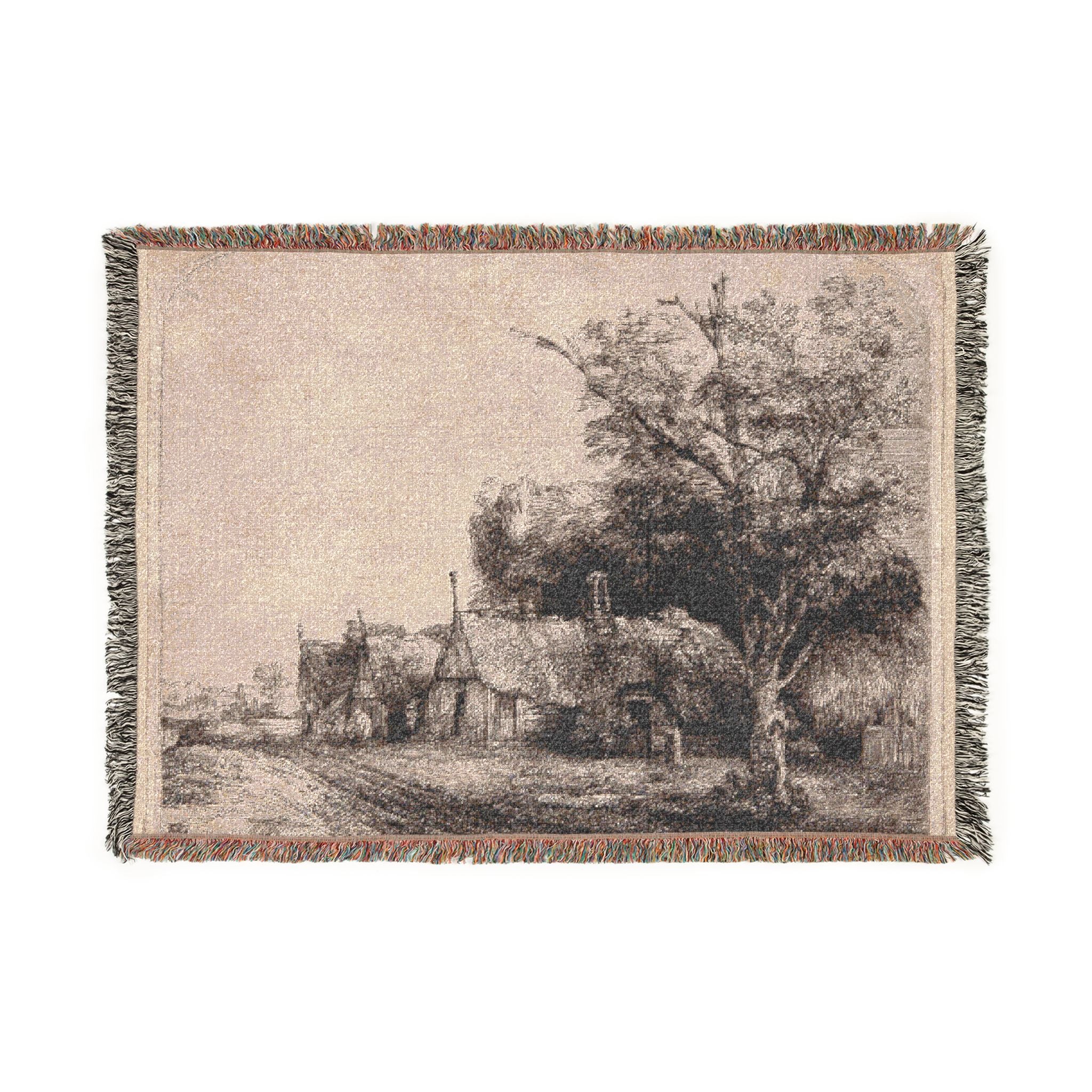Rembrandt van Rijn - Landscape with Three Gabled Cottages Beside a Road | Woven Tapestry Blanket