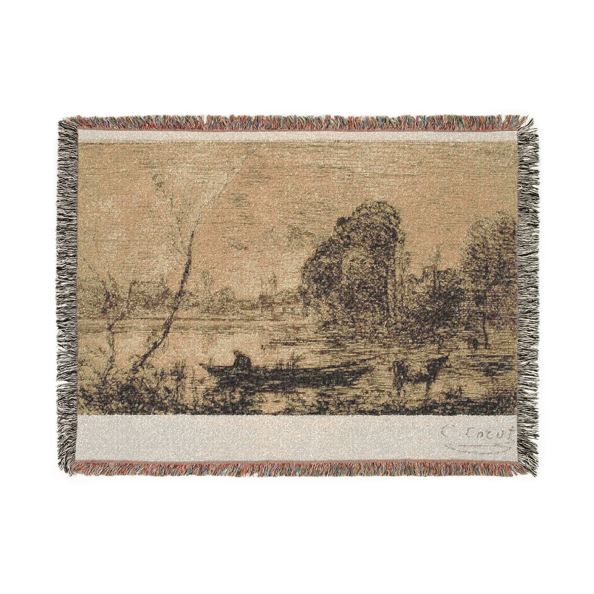 Jean Baptiste Camille Corot - Ville d'Avray Pond with Boatman, Evening | Woven Tapestry Blanket