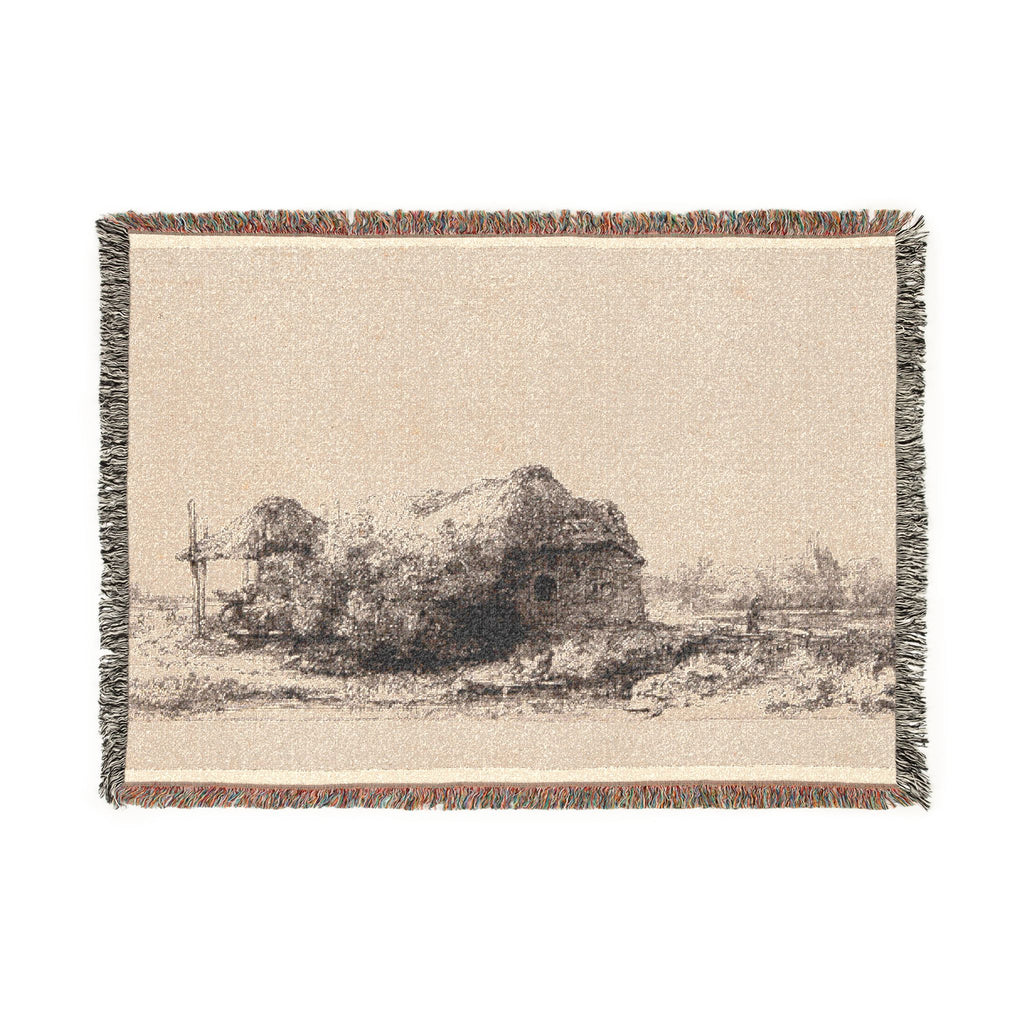 Rembrandt van Rijn - Landscape with Cottages and a Hay Barn Oblong | Woven Tapestry Blanket