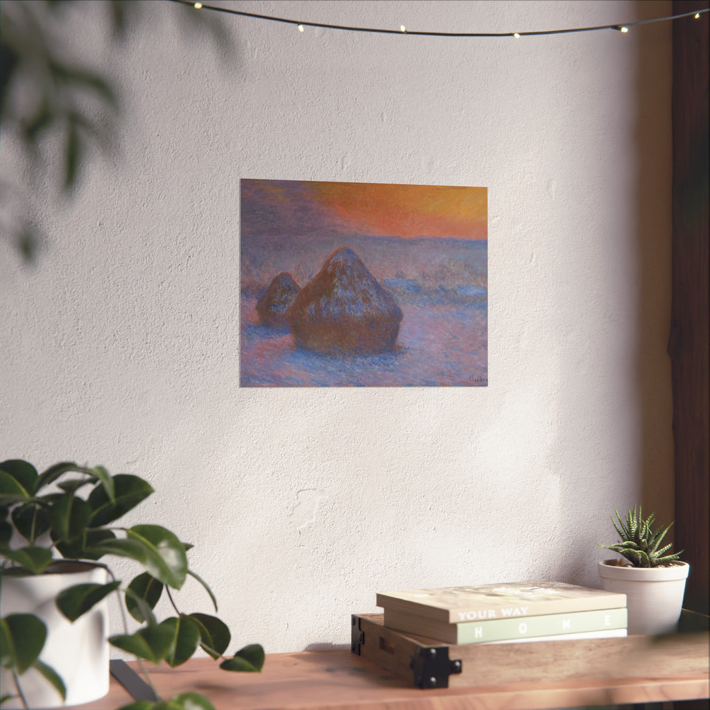 Claude Monet - Stacks of Wheat (Sunset, Snow Effect) | Fine Art Poster