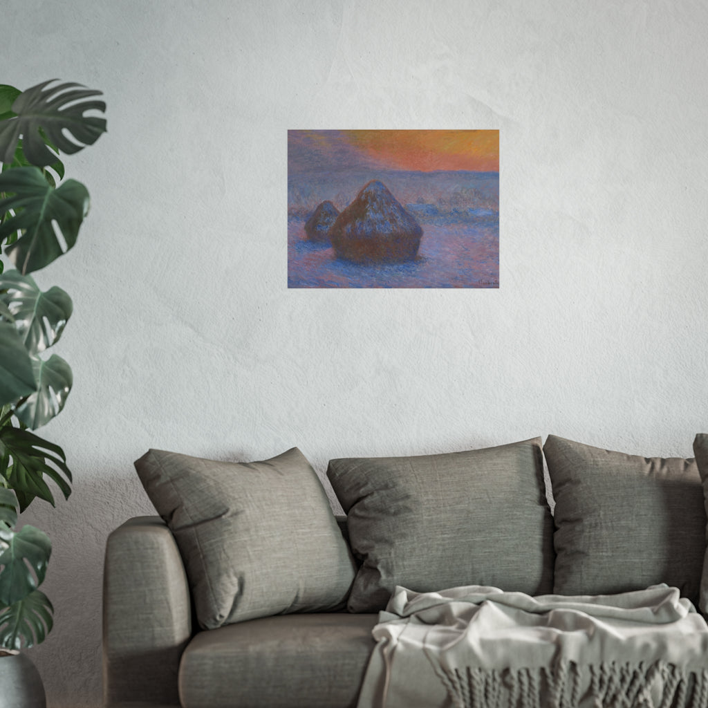 Claude Monet - Stacks of Wheat (Sunset, Snow Effect) | Fine Art Poster