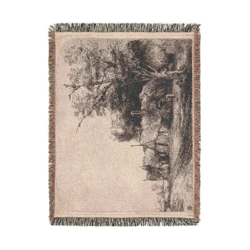 Rembrandt van Rijn - Landscape with Three Gabled Cottages Beside a Road | Woven Tapestry Blanket