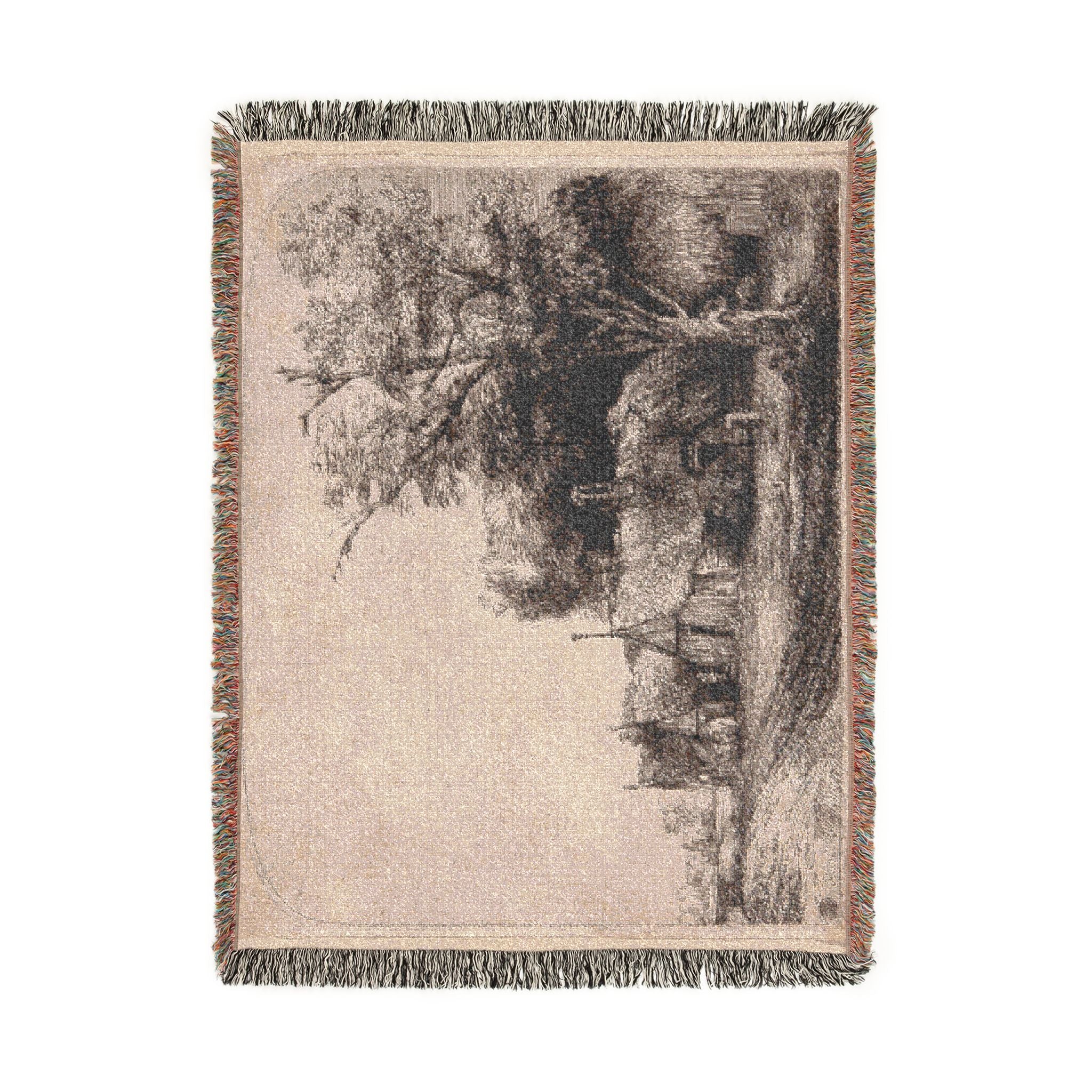 Rembrandt van Rijn - Landscape with Three Gabled Cottages Beside a Road | Woven Tapestry Blanket