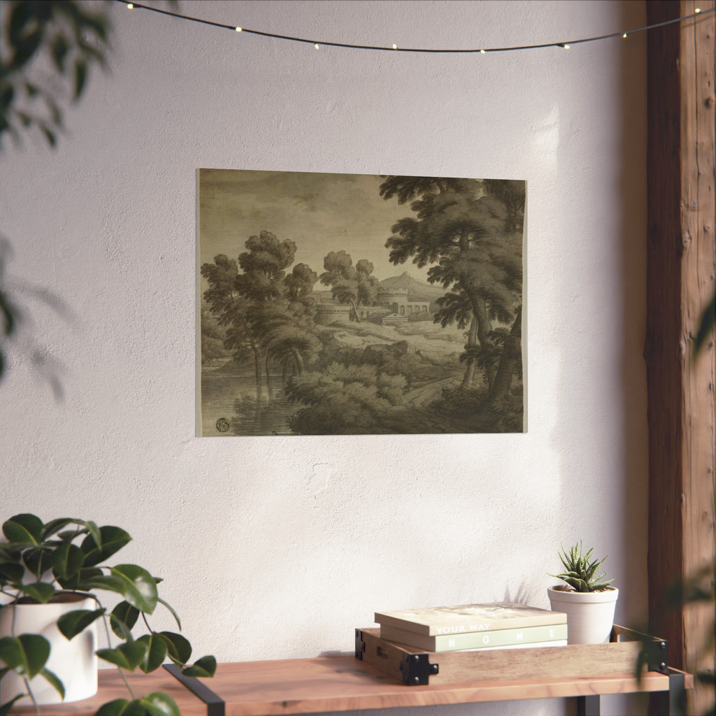 School of Nicolas Poussin - Italianate Landscape with Castle, Trees and Water in Foreground | Fine Art Poster