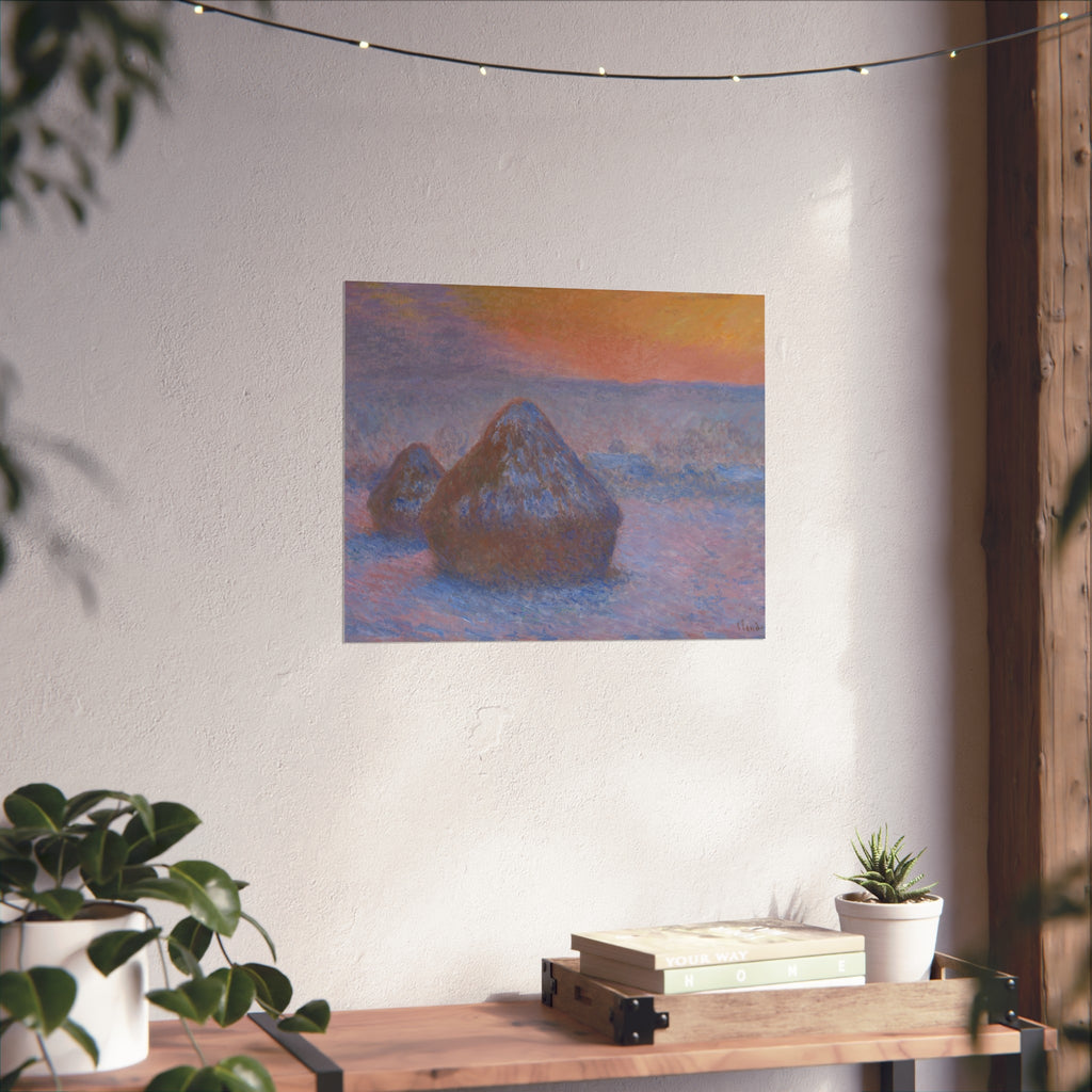 Claude Monet - Stacks of Wheat (Sunset, Snow Effect) | Fine Art Poster