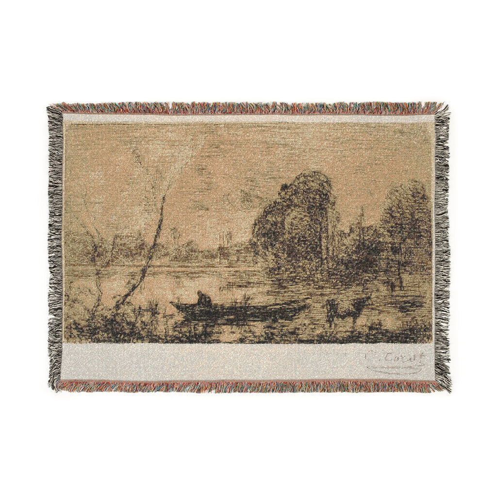 Jean Baptiste Camille Corot - Ville d'Avray Pond with Boatman, Evening | Woven Tapestry Blanket