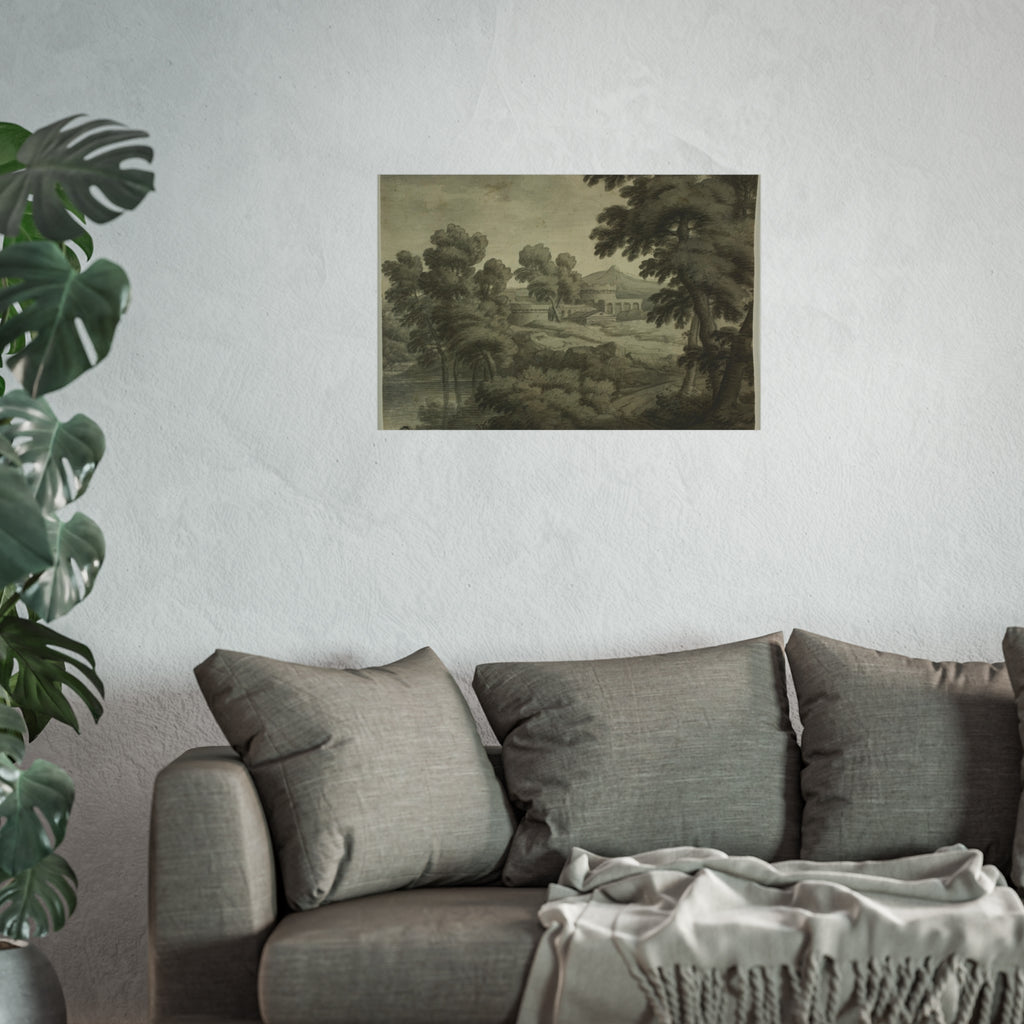 School of Nicolas Poussin - Italianate Landscape with Castle, Trees and Water in Foreground | Fine Art Poster