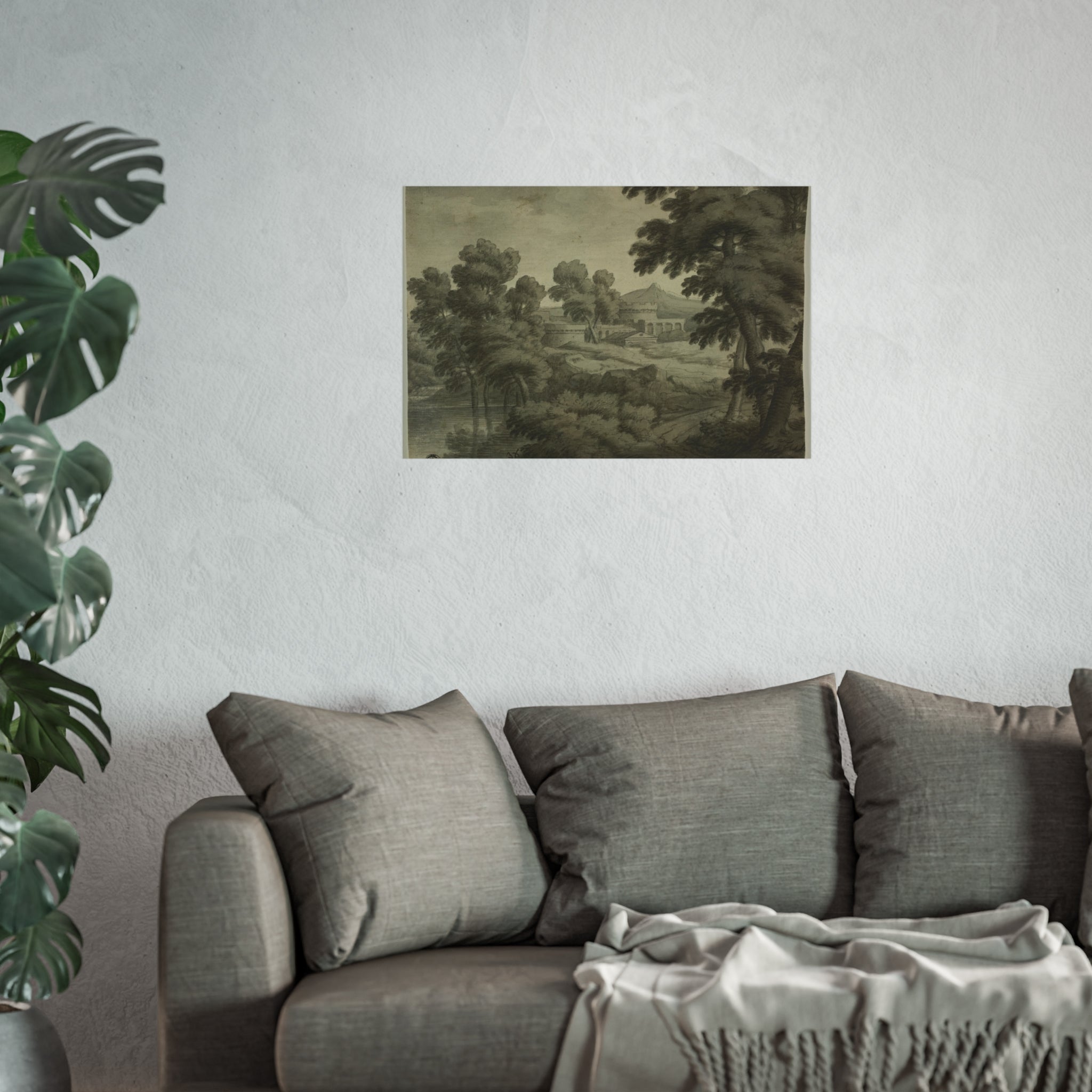 School of Nicolas Poussin - Italianate Landscape with Castle, Trees and Water in Foreground | Fine Art Poster