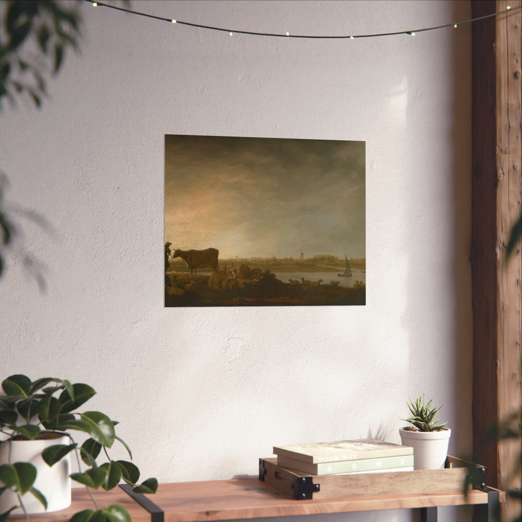 Aelbert Cuyp - A View of Vianen with a Herdsman and Cattle by a River | Fine Art Poster