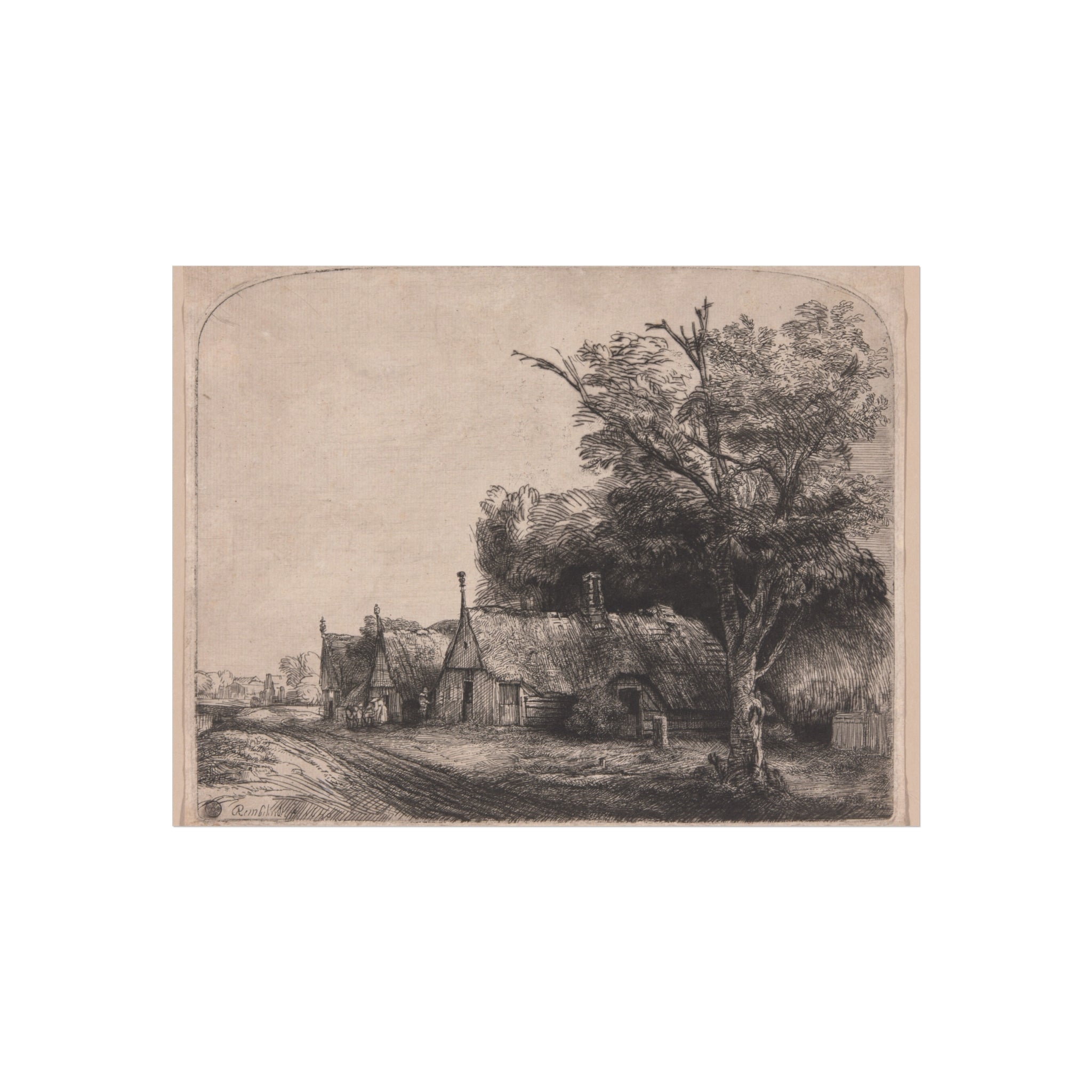 Rembrandt van Rijn - Landscape with Three Gabled Cottages Beside a Road | Fine Art Poster