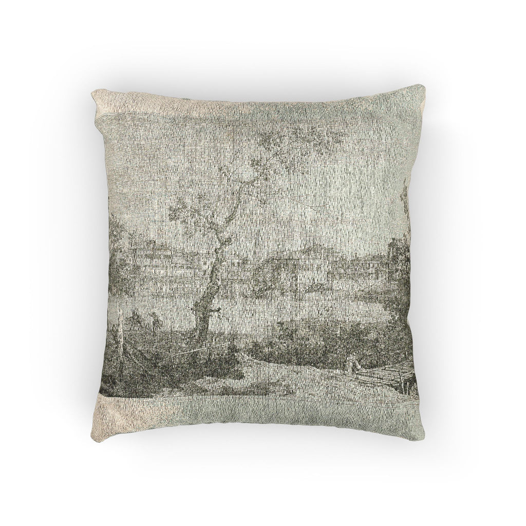 Canaletto - View of a Town on a River Bank, from Vedute | Woven Pillow