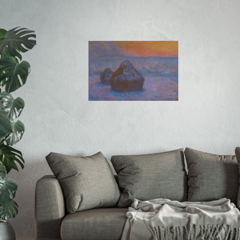 Claude Monet - Stacks of Wheat (Sunset, Snow Effect) | Fine Art Poster