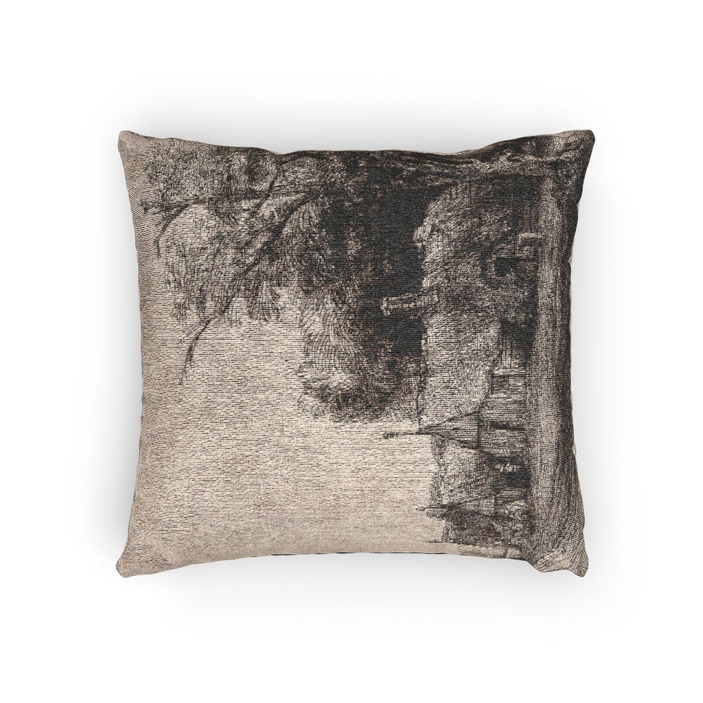 Rembrandt van Rijn - Landscape with Three Gabled Cottages Beside a Road | Woven Pillow