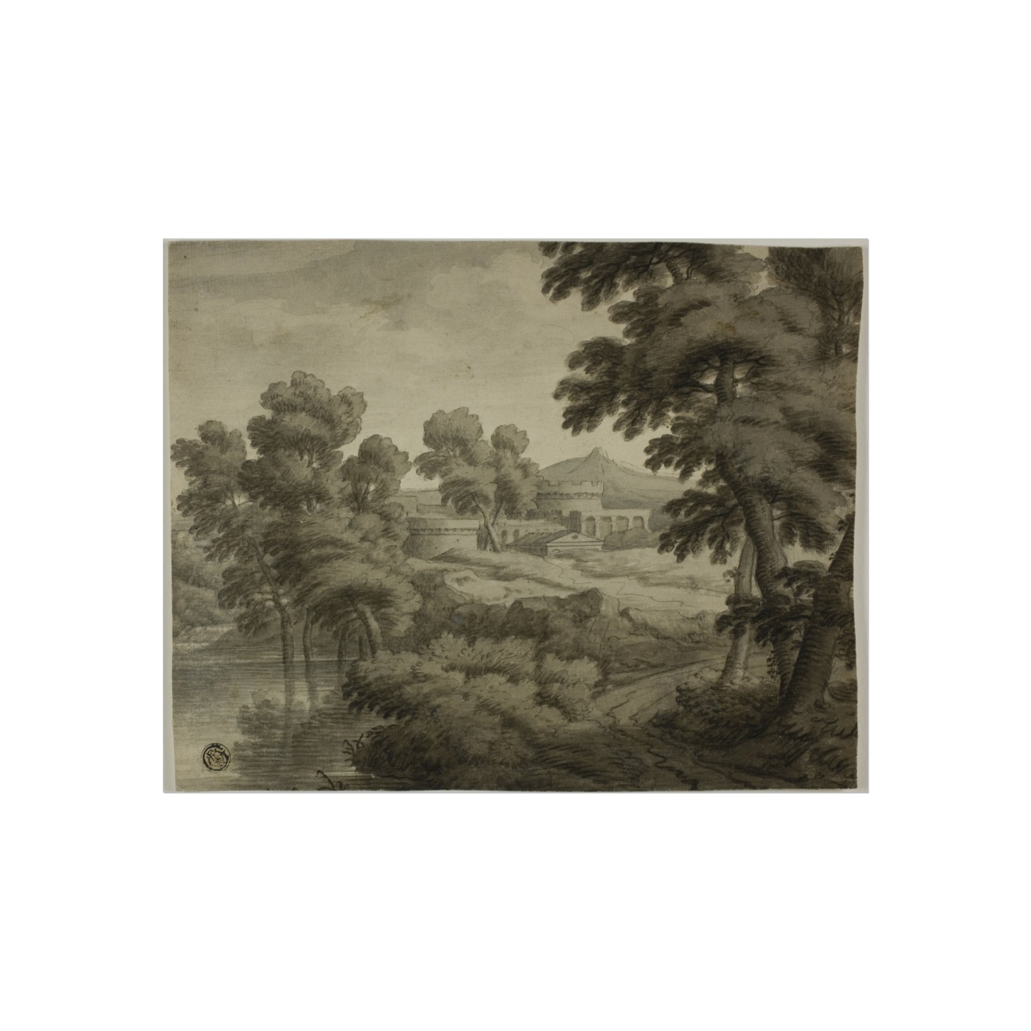 School of Nicolas Poussin - Italianate Landscape with Castle, Trees and Water in Foreground | Fine Art Poster