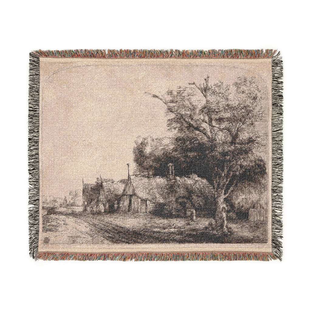 Rembrandt van Rijn - Landscape with Three Gabled Cottages Beside a Road | Woven Tapestry Blanket
