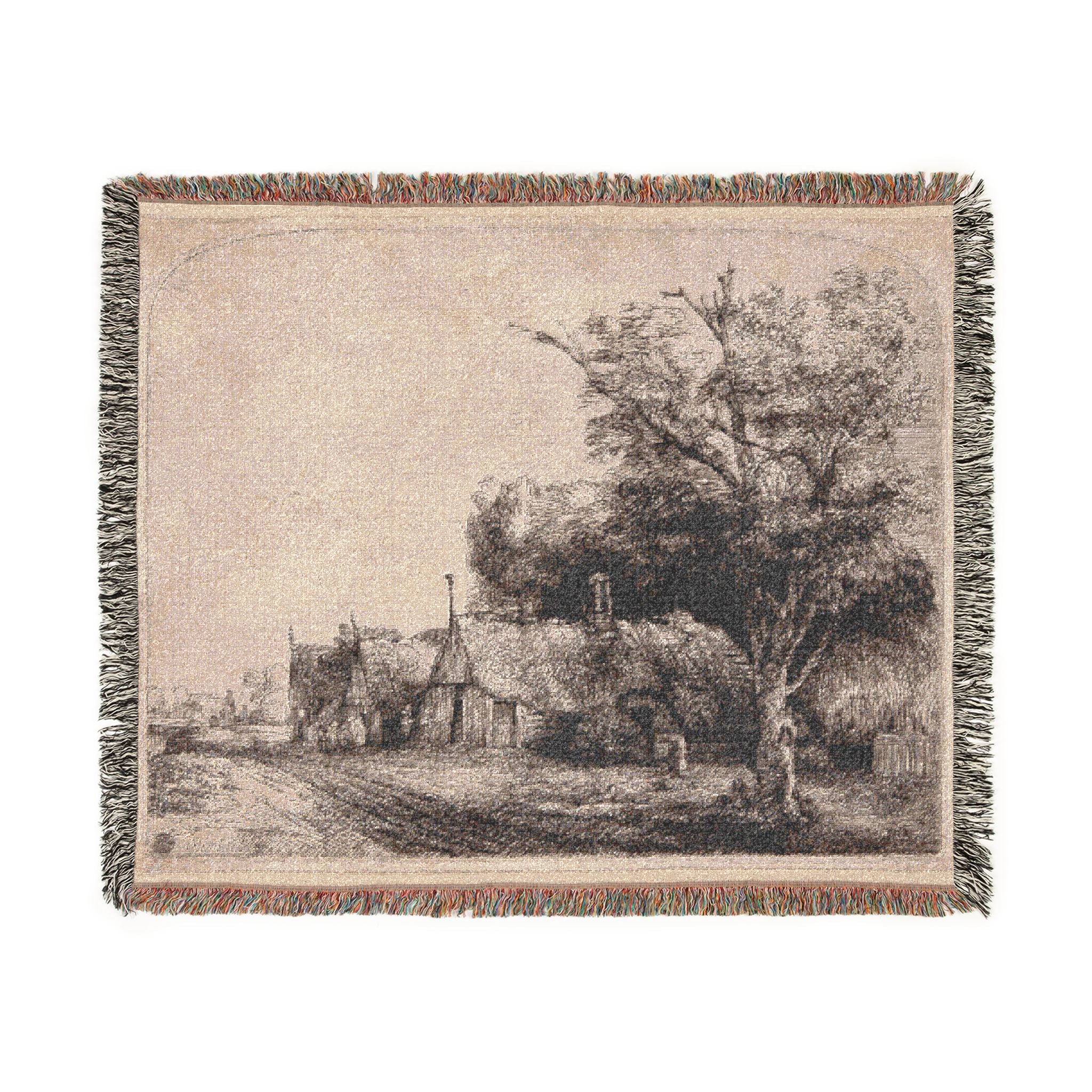 Rembrandt van Rijn - Landscape with Three Gabled Cottages Beside a Road | Woven Tapestry Blanket