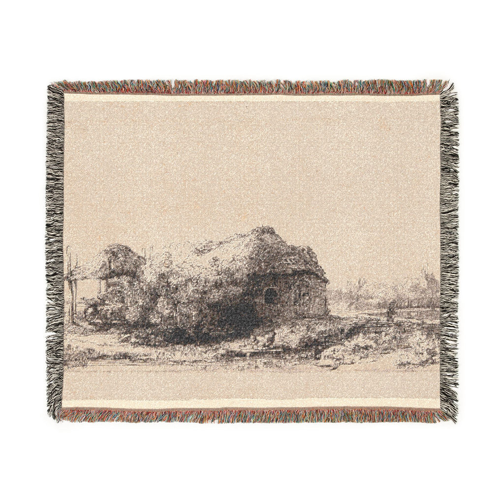 Rembrandt van Rijn - Landscape with Cottages and a Hay Barn Oblong | Woven Tapestry Blanket