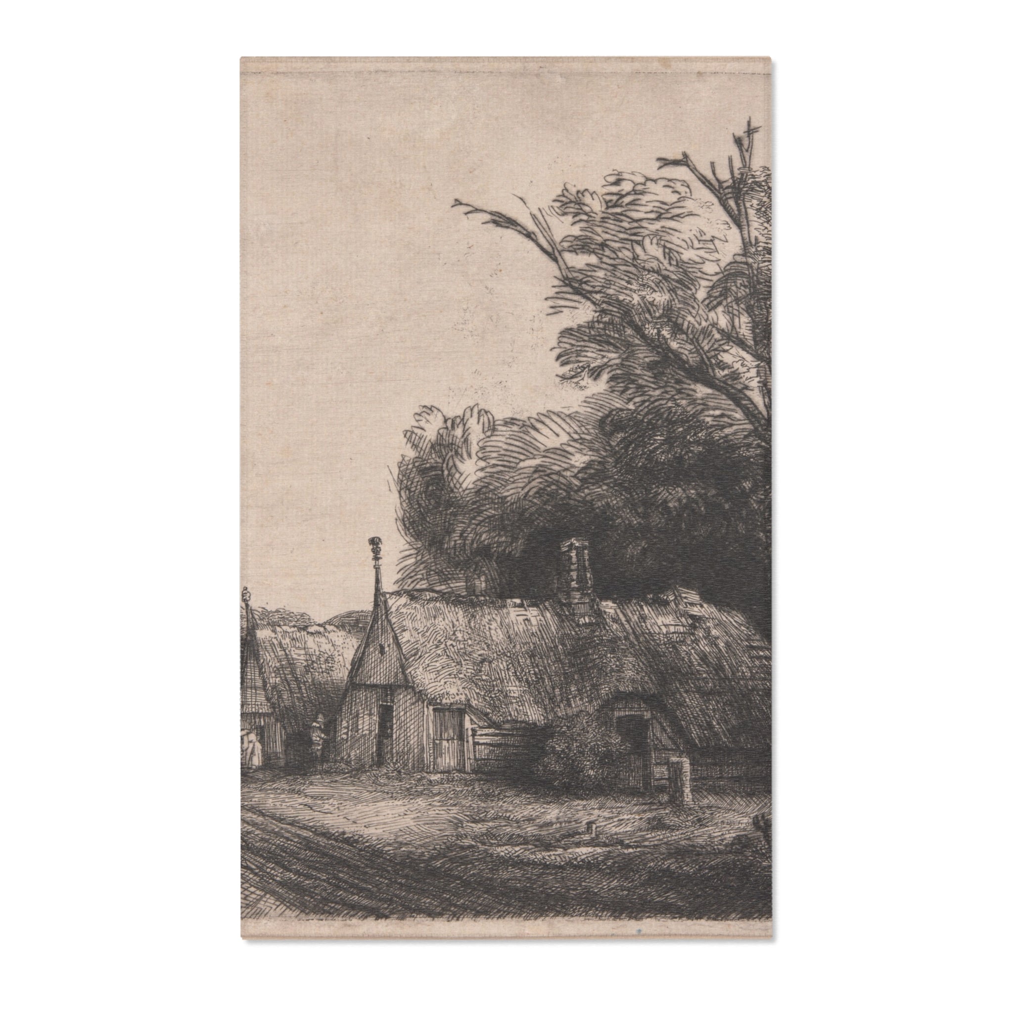 Rembrandt van Rijn - Landscape with Three Gabled Cottages Beside a Road | Area Rug