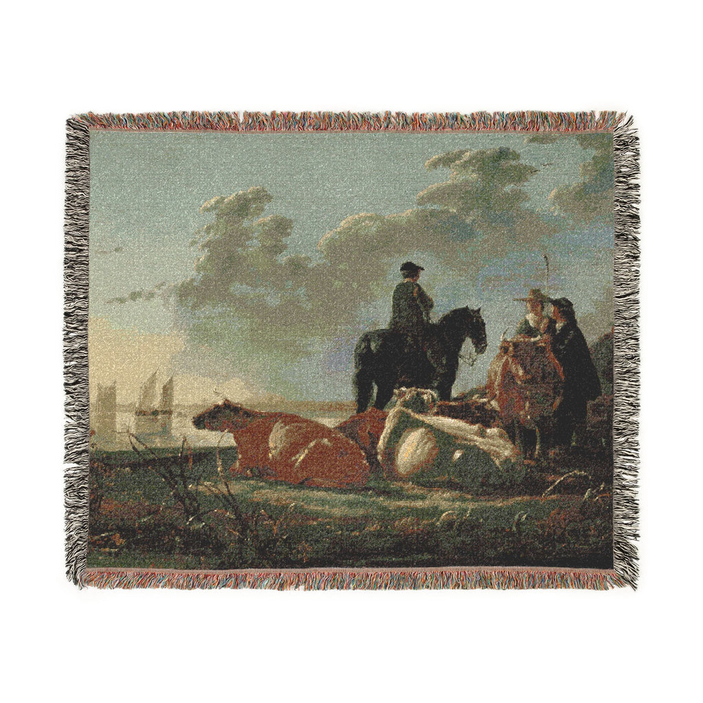 Aelbert Cuyp - Peasants with Four Cows by the River Merwede - WGA5825 | Woven Tapestry Blanket