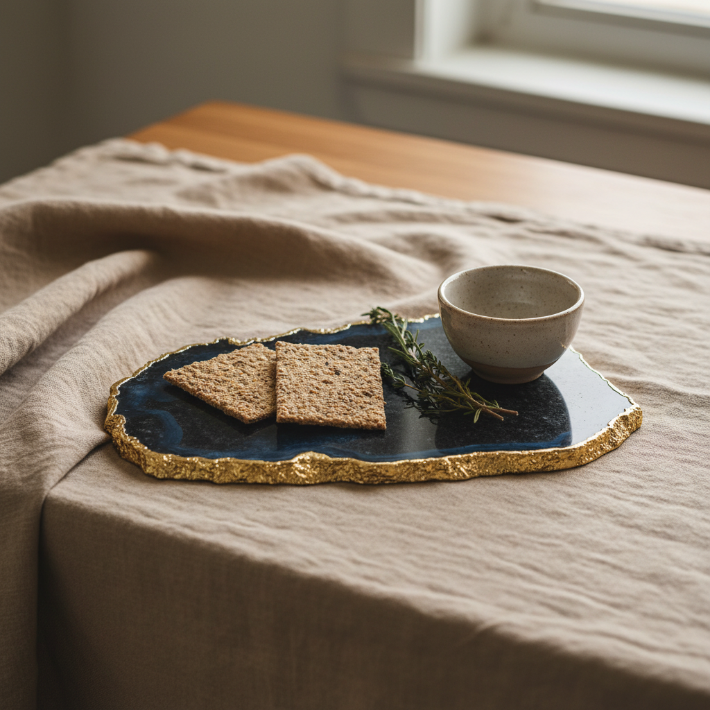 An irregular dark blue serving platter with a metallic gold edge sits on a beige linen tablecloth, styled with two crackers, a small ceramic bowl, and a sprig of herbs in a softly lit interior setting.
